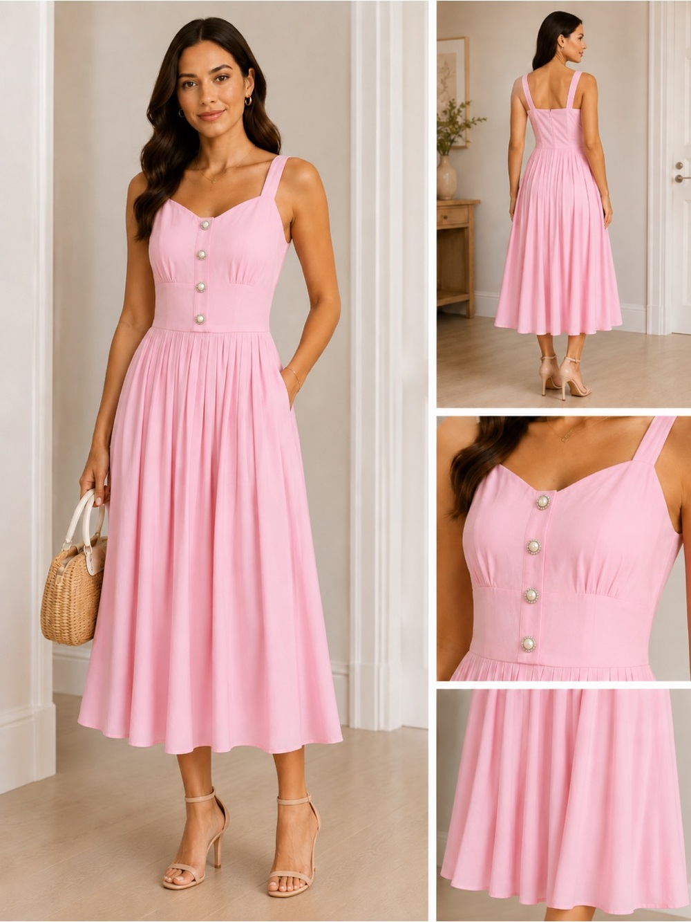 Sleeveless Pink Midi Dress with Pearl-Style Buttons small